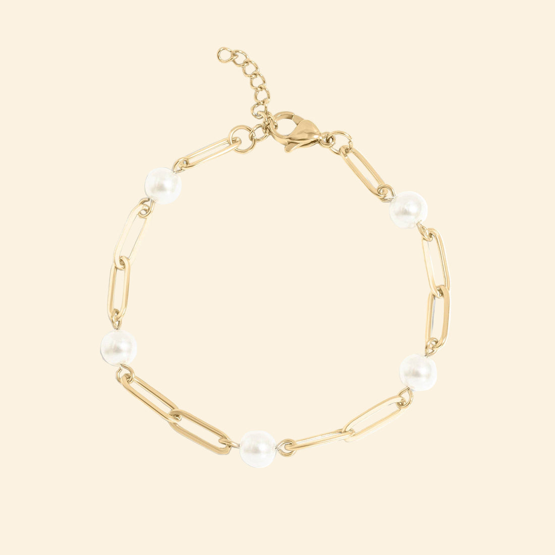 18K Gold PVD Steel Station Pearl Paperclip Chain Bracelet