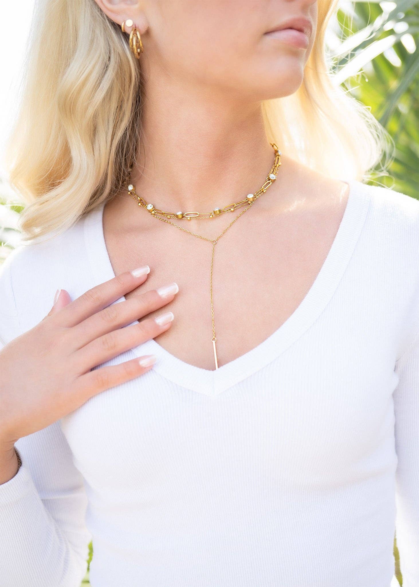 18K Gold PVD Steel Station Stone Paperclip Chain Necklace