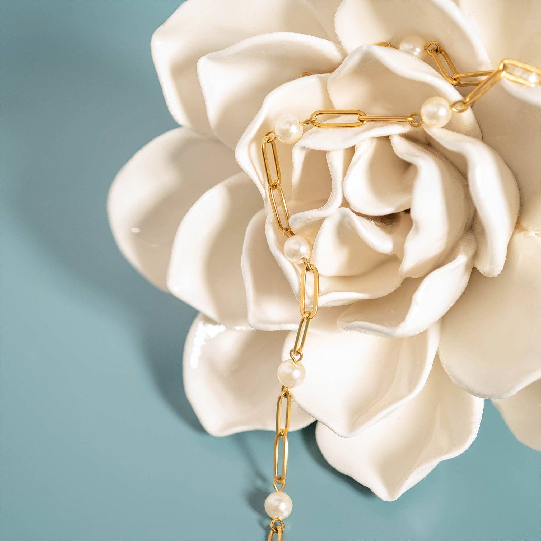 18K Gold PVD Steel Station Pearl Paperclip Chain Bracelet