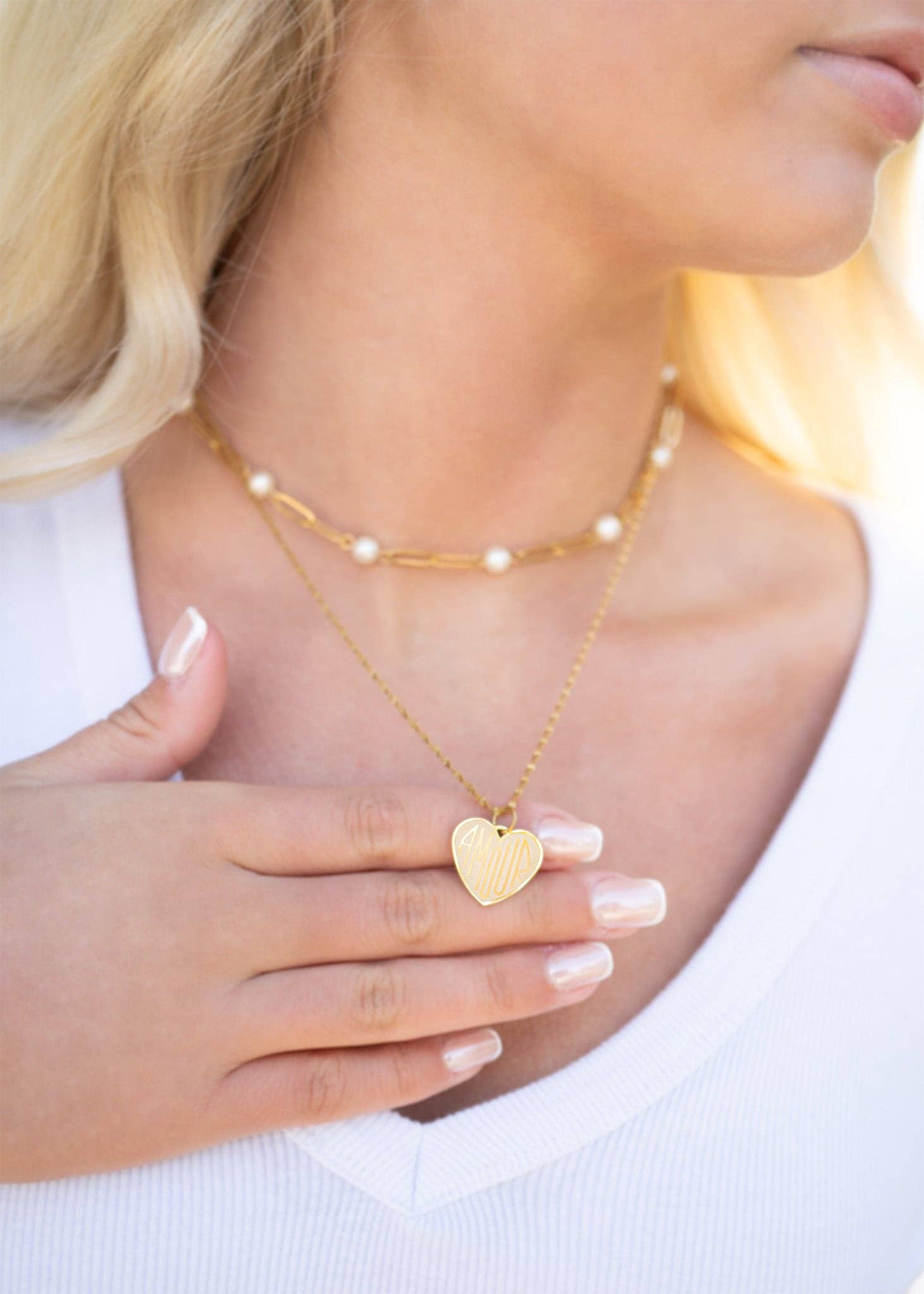 18K Gold PVD Steel Station Pearl Paperclip Chain Necklace