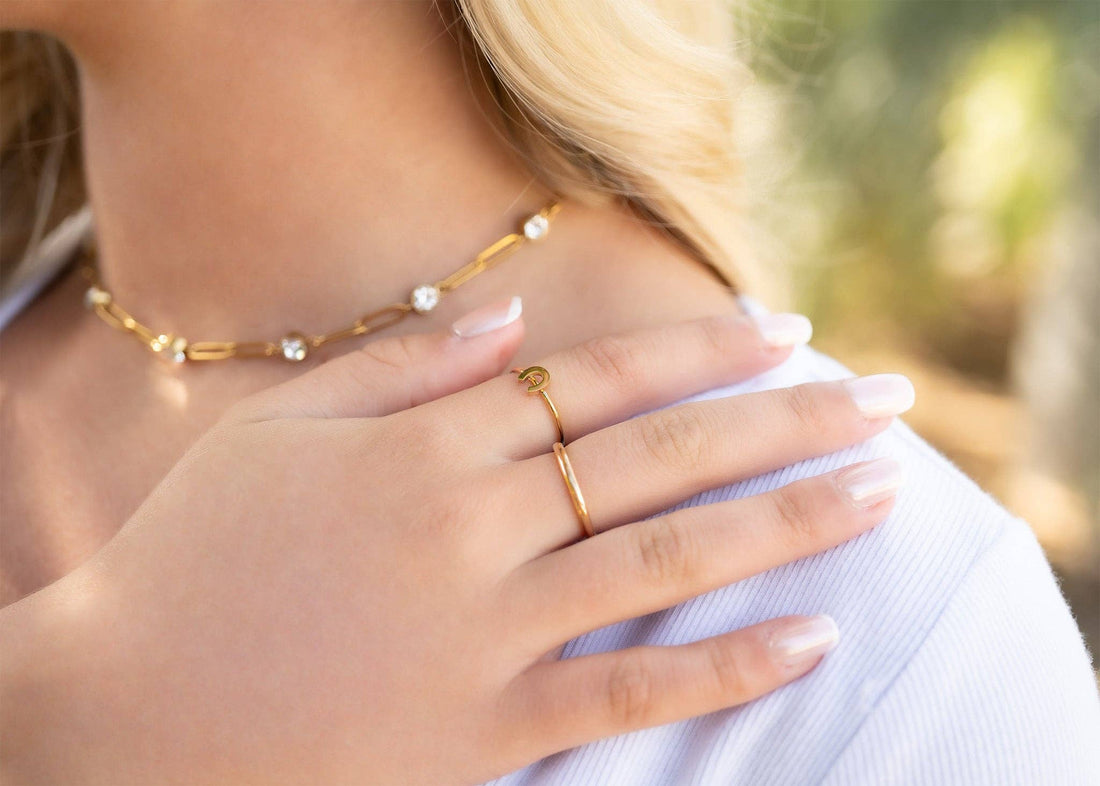 18K Gold PVD Steel Station Stone Paperclip Chain Necklace