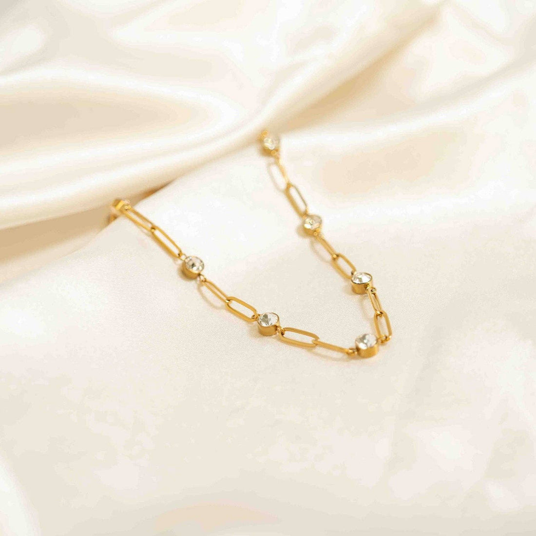 18K Gold PVD Steel Station Stone Paperclip Chain Necklace