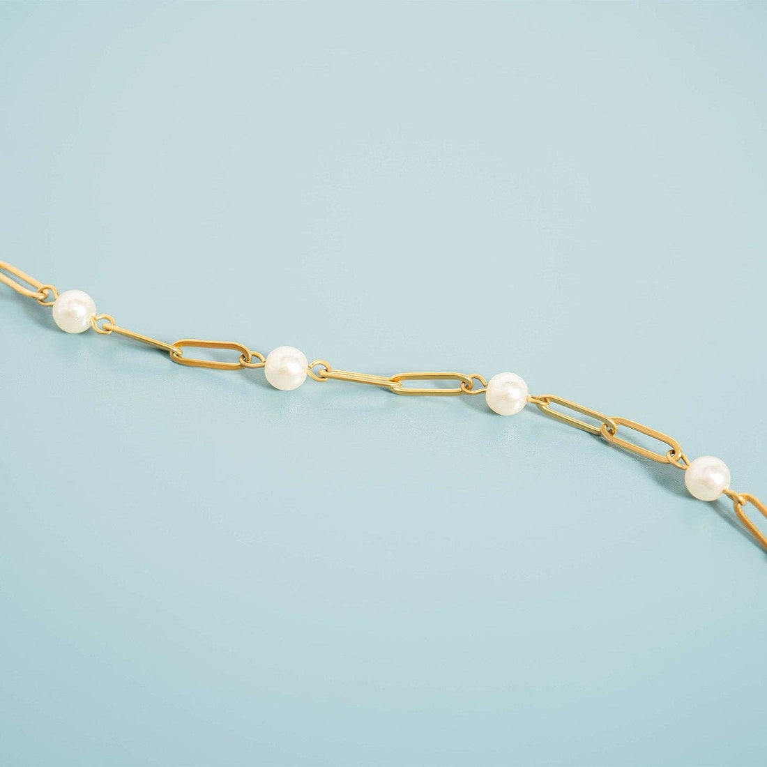 18K Gold PVD Steel Station Pearl Paperclip Chain Bracelet