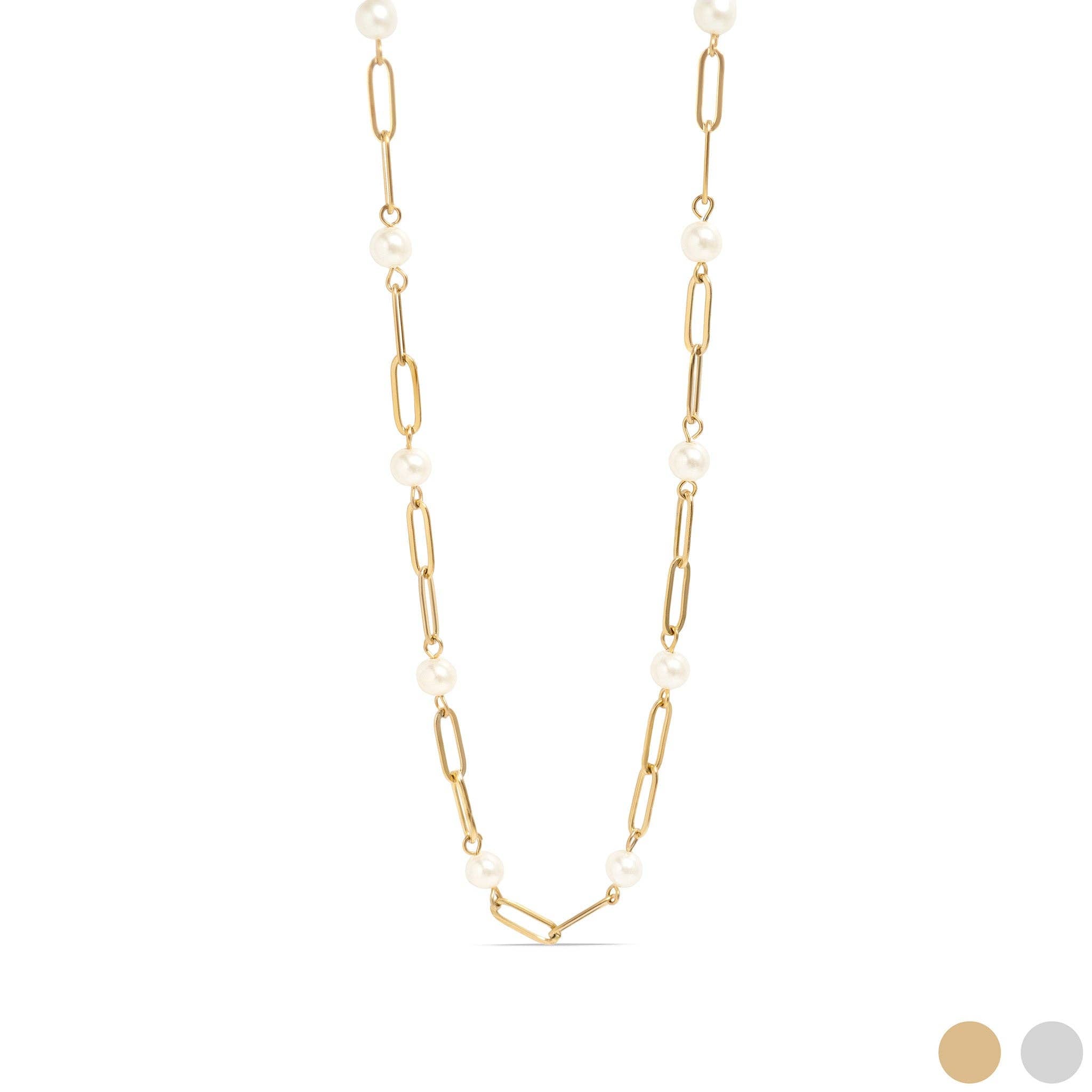 18K Gold PVD Steel Station Pearl Paperclip Chain Necklace