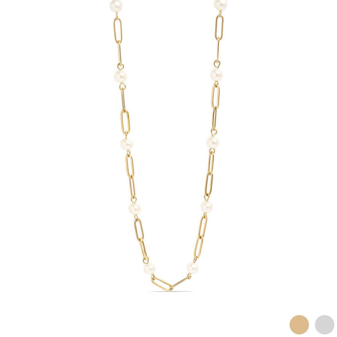 18K Gold PVD Steel Station Pearl Paperclip Chain Necklace