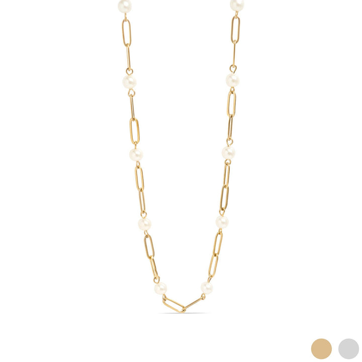 18K Gold PVD Steel Station Pearl Paperclip Chain Necklace